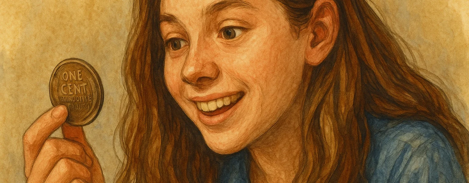 A girl is looking at an old US penny with interest and enthusiasm.