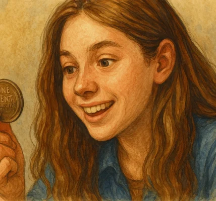 A girl is looking at an old US penny with interest and enthusiasm.