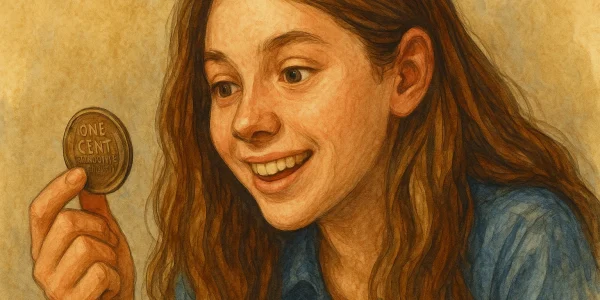 A girl is looking at an old US penny with interest and enthusiasm.