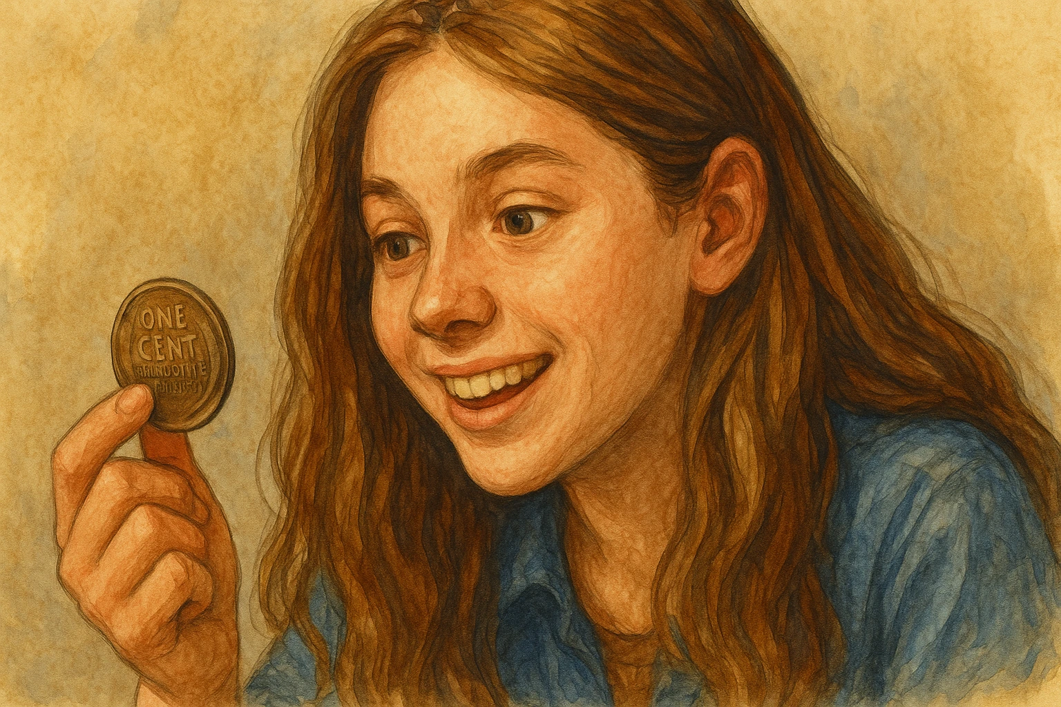 A girl is looking at an old US penny with interest and enthusiasm.