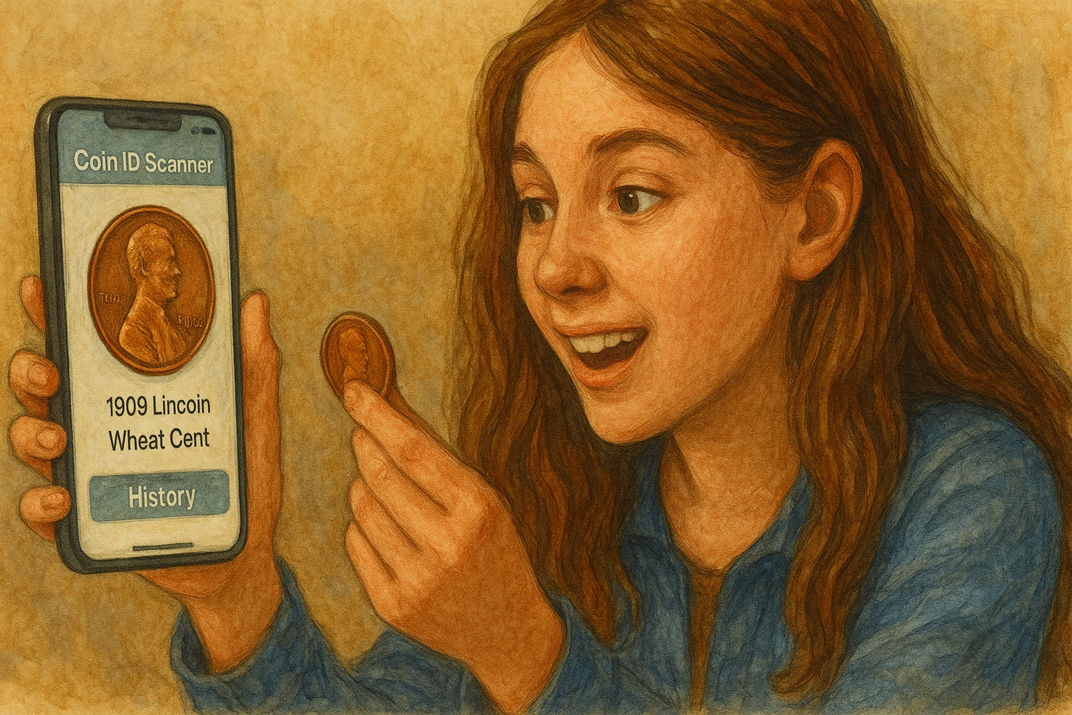 A girl scans a penny via the Coin ID Scanner and discovers its history.
