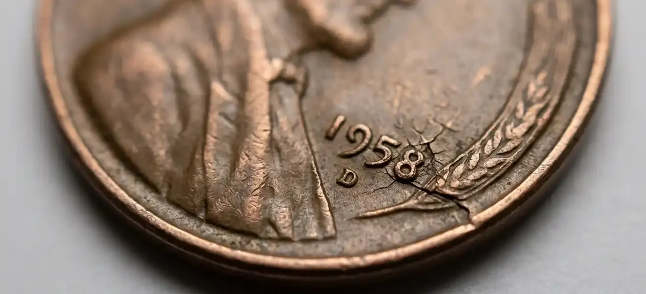 Macro close-up of a 1958 wheat penny error coin