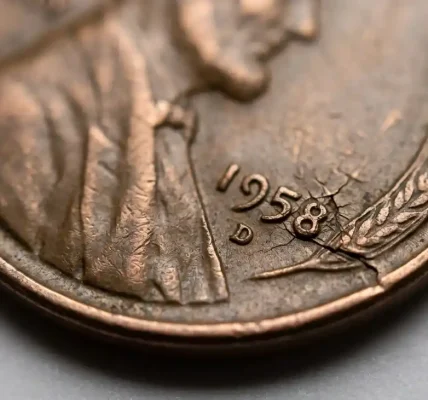 Macro close-up of a 1958 wheat penny error coin