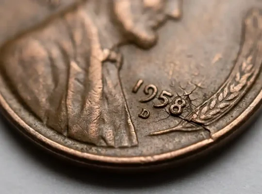 Macro close-up of a 1958 wheat penny error coin