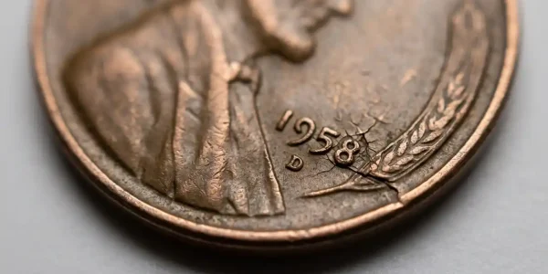 Macro close-up of a 1958 wheat penny error coin