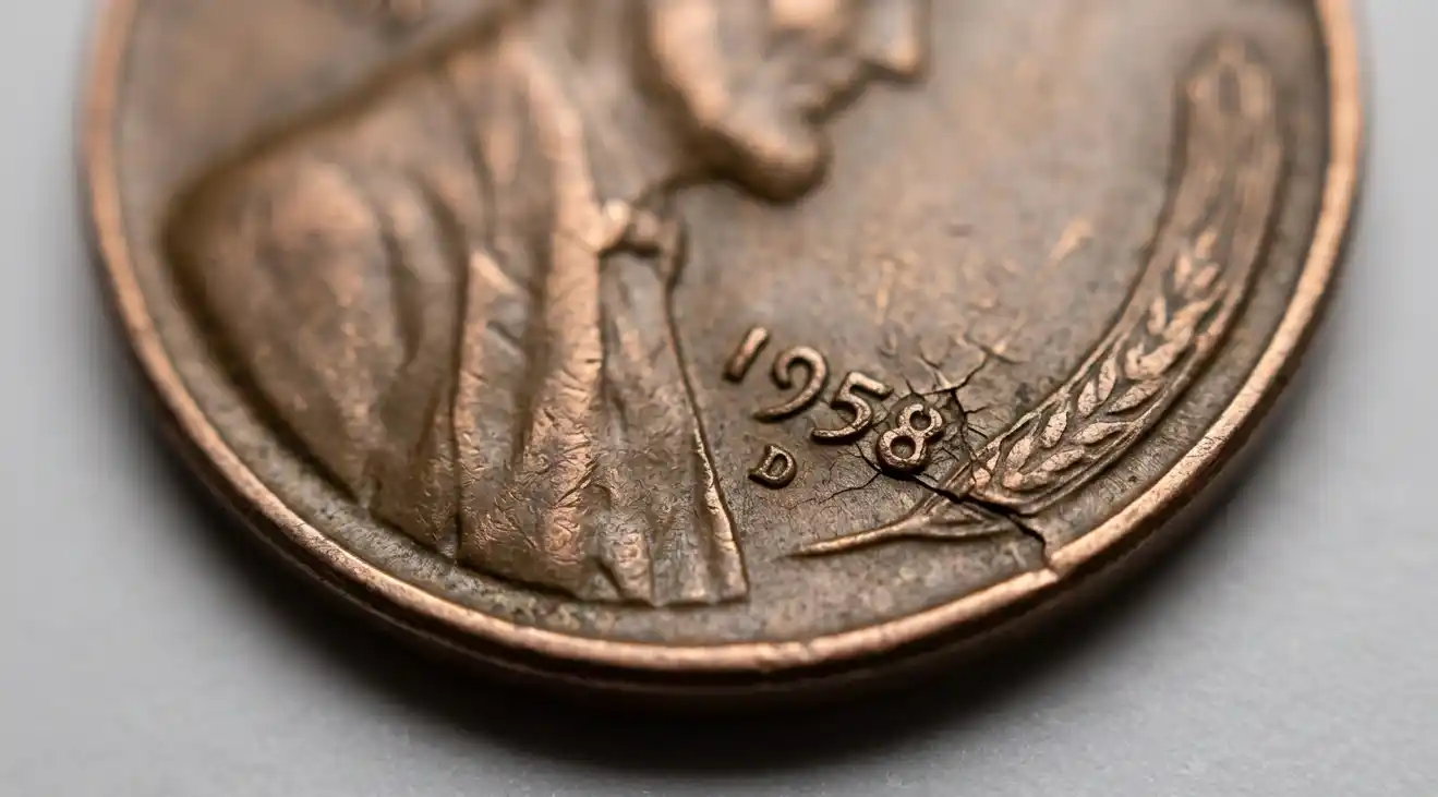 Macro close-up of a 1958 wheat penny error coin